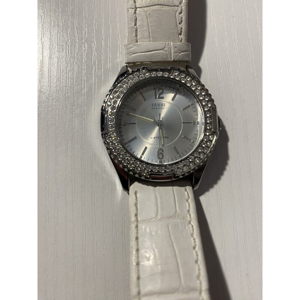 Guess Waterpro Womens Watch G10575L Silver Tone Rhinestone Bezel White Leather